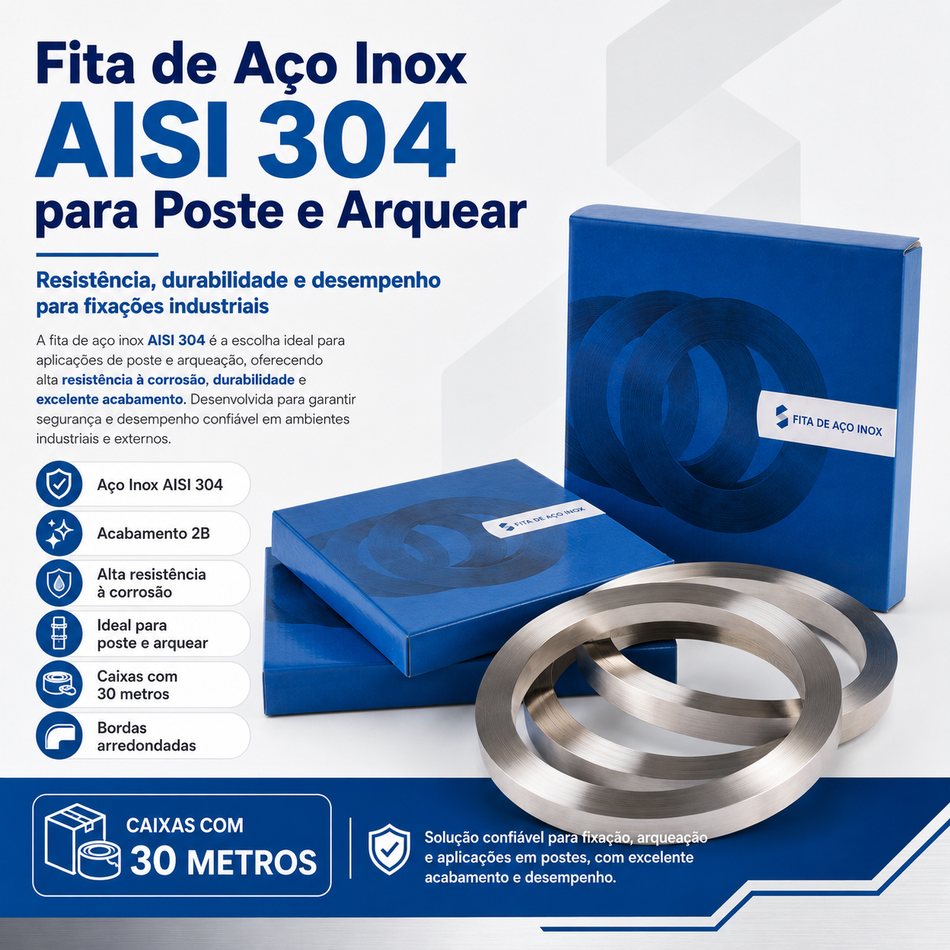 Fita de Aço Inox AISI 304 para Poste e Arquear 1/2” x 0,50 mm – Rolo 30 m