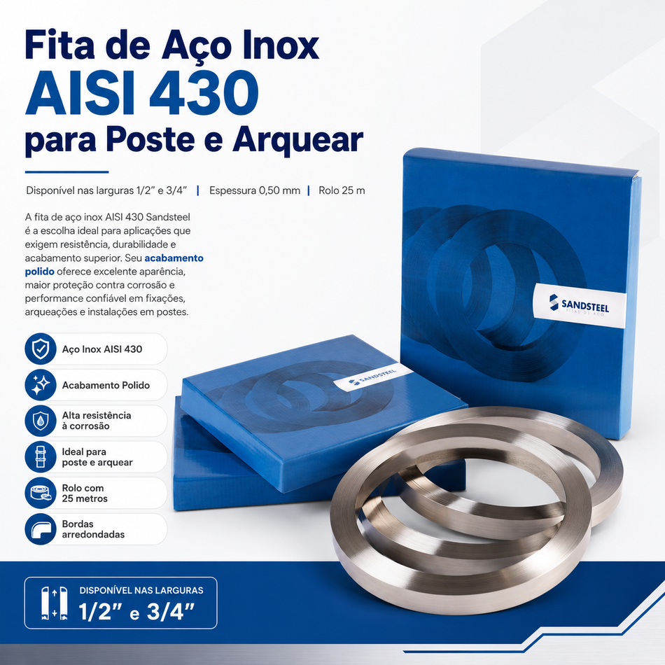Fita de Aço Inox AISI 430 para Poste e Arquear 1/2” x 0,50 mm – Rolo 25 m