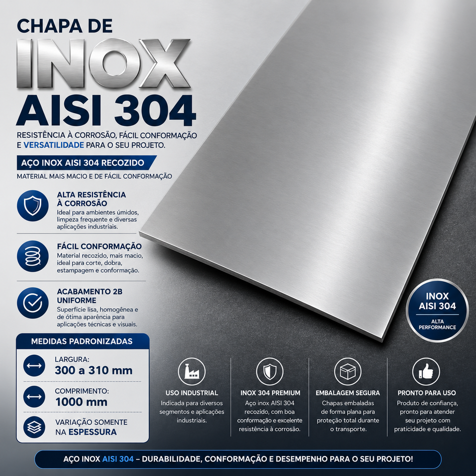 Chapa de Aço Inox AISI 304 Recozido 0,10 mm x 300 mm x 1000 mm