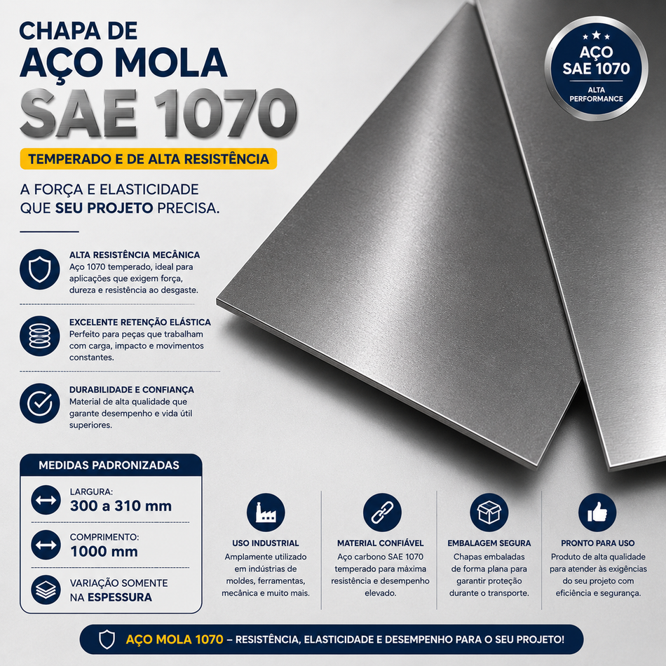 Chapa Aço Mola SAE 1070 Temperado 0,20 mm x 310 mm x 1000 mm