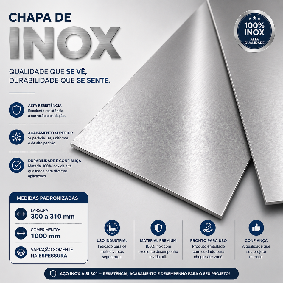 Chapa de Aço Inox Mola AISI 301 Encruado 0,05 mm x 300 mm x 1000 mm