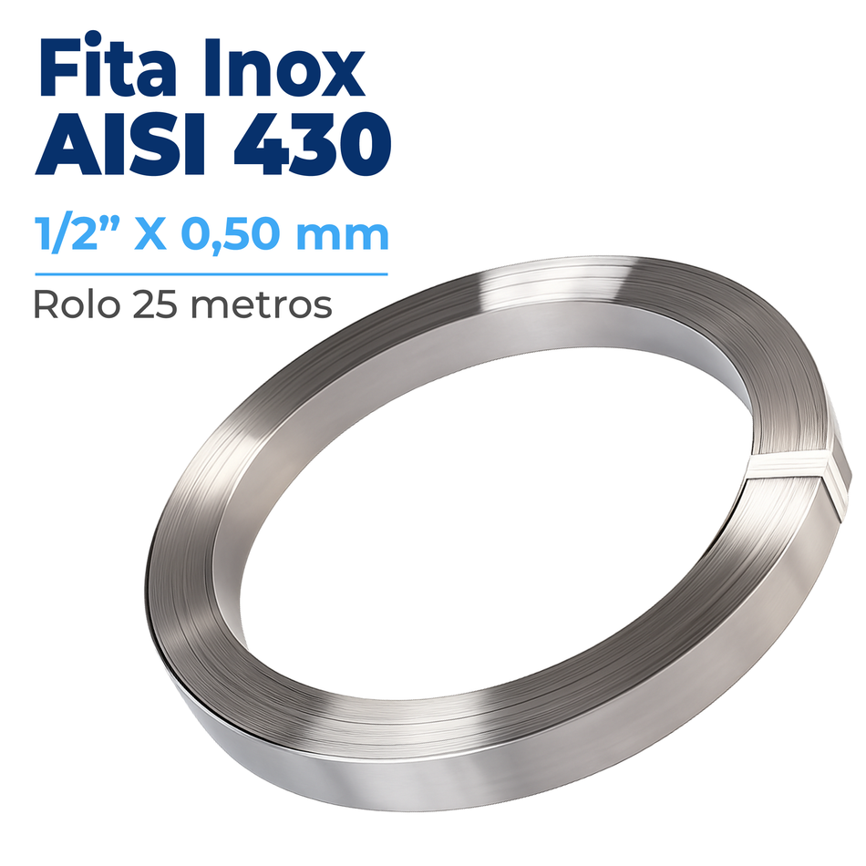 Fita de Aço Inox AISI 430 para Poste e Arquear 1/2” x 0,50 mm – Rolo 25 m