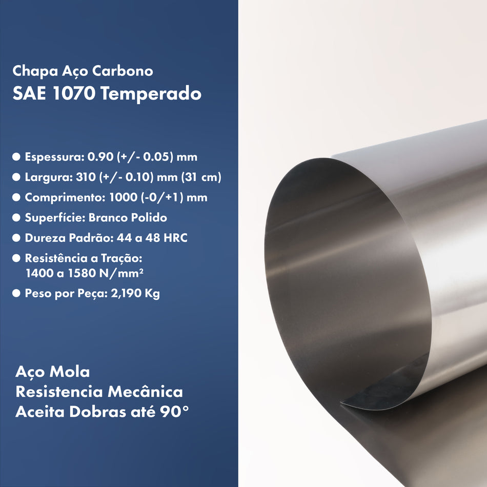 Chapa Fina Aço Mola SAE 1070 Temperado 0.90 x 310 x 1000 mm