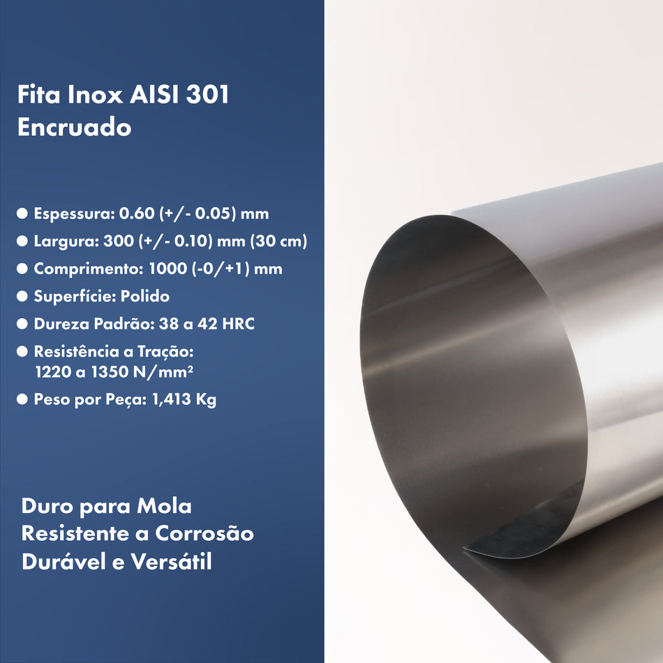 Chapa Fina Inox Mola AISI 301 Encruado 0.60 x 300 x 1000 mm