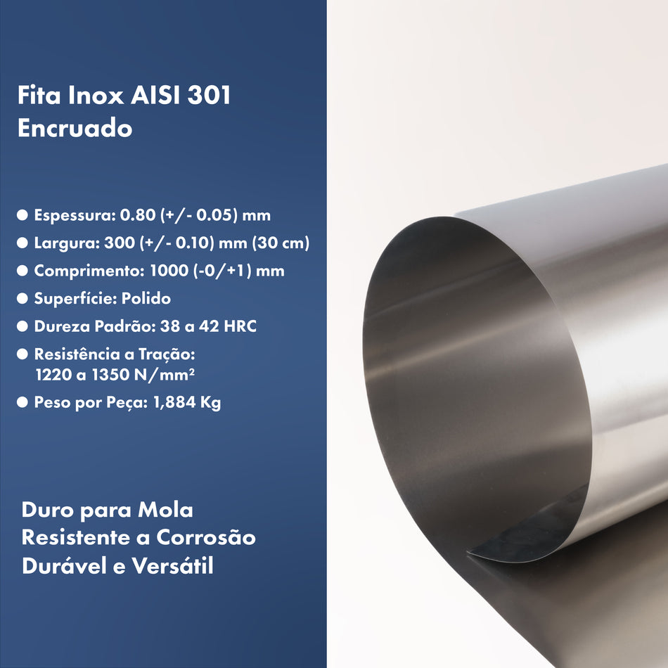 Chapa Fina Inox Mola AISI 301 Encruado 0.80 x 300 x 1000 mm