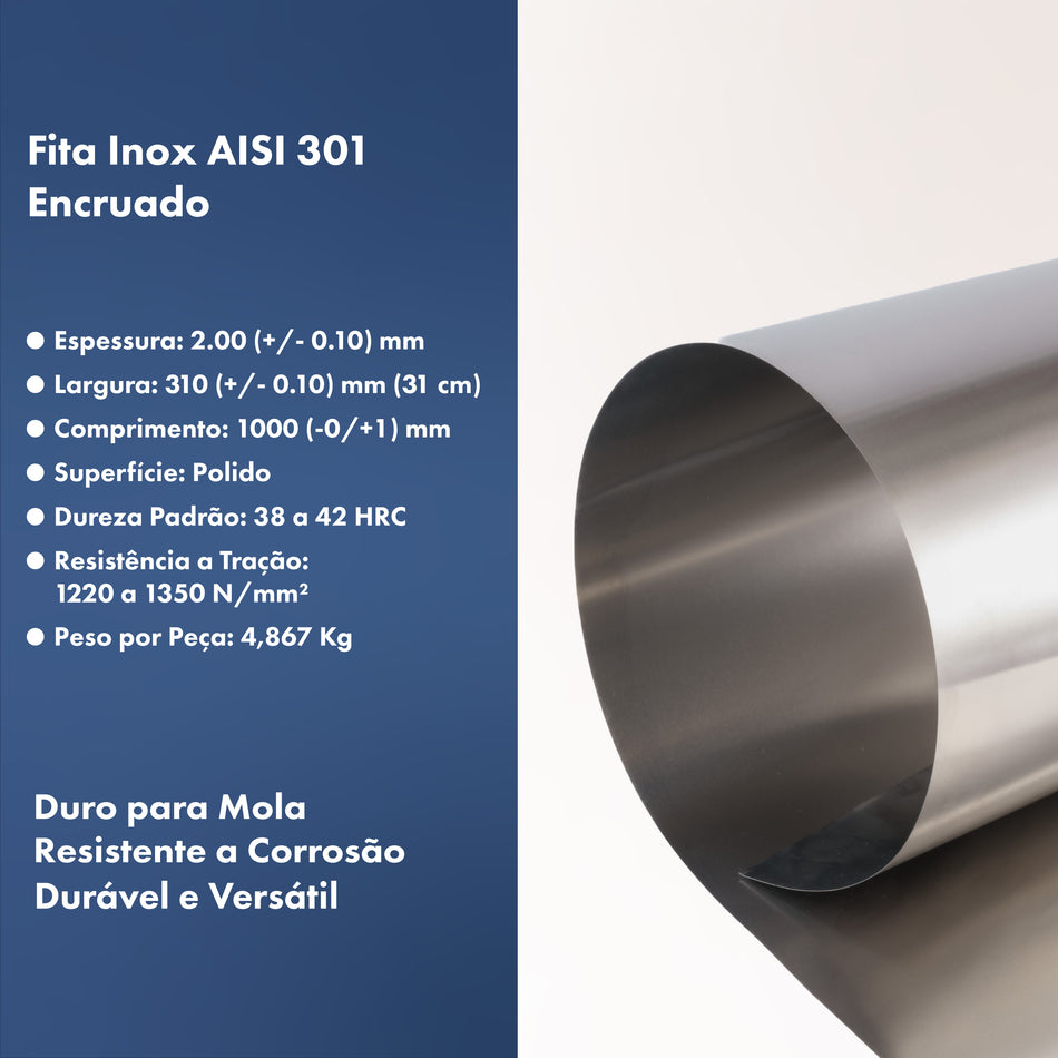 Chapa Fina Inox Mola AISI 301 Encruado 2.00 x 310 x 1000 mm