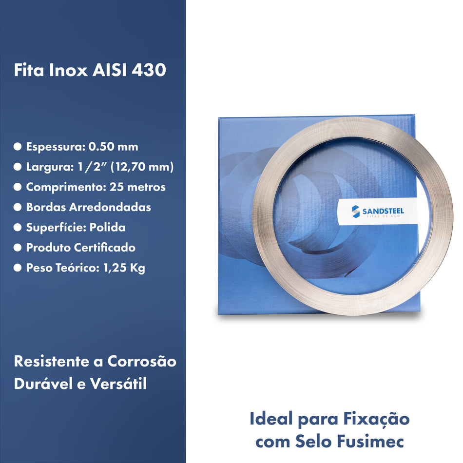 Fita Amarração Fusimec Inox 430 Largura 1/2 X 0.5mm Rolo 25m